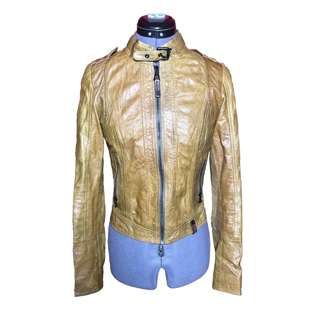 Rudsak Women's Leather Moto Jacket XS Khaki Distressed Zip Belted Collar